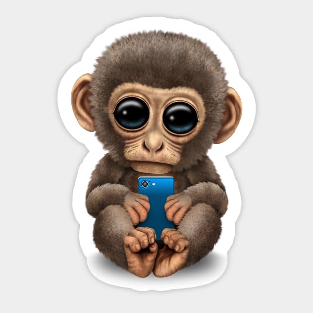 Cute Baby Monkey Holding a Blue Cell Phone Sticker by jeffbartels